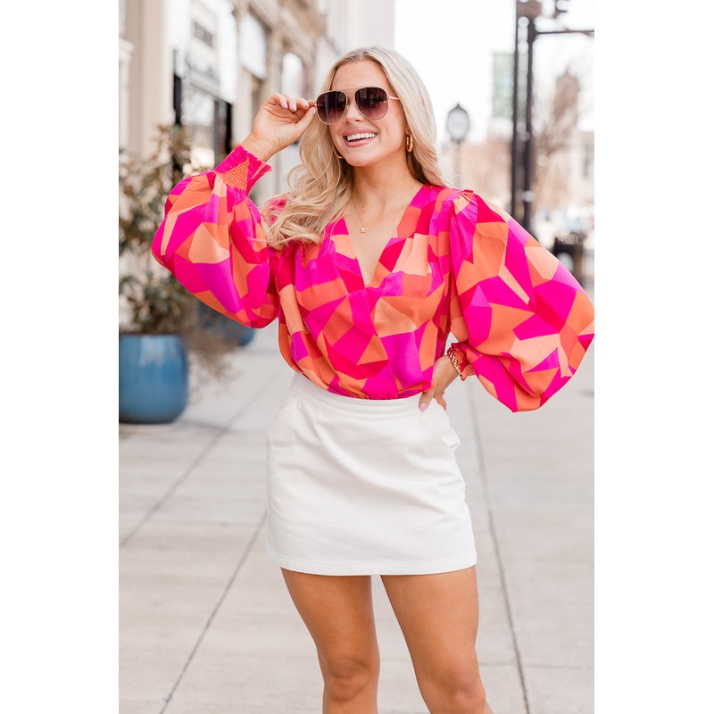 Having Mixed Feelings Pink/Orange Printed Long Sleeve Bodysuit FINAL SALE