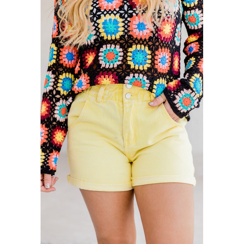 Just What You Need Yellow Paperbag Waist Acid Wash Shorts FINAL SALE
