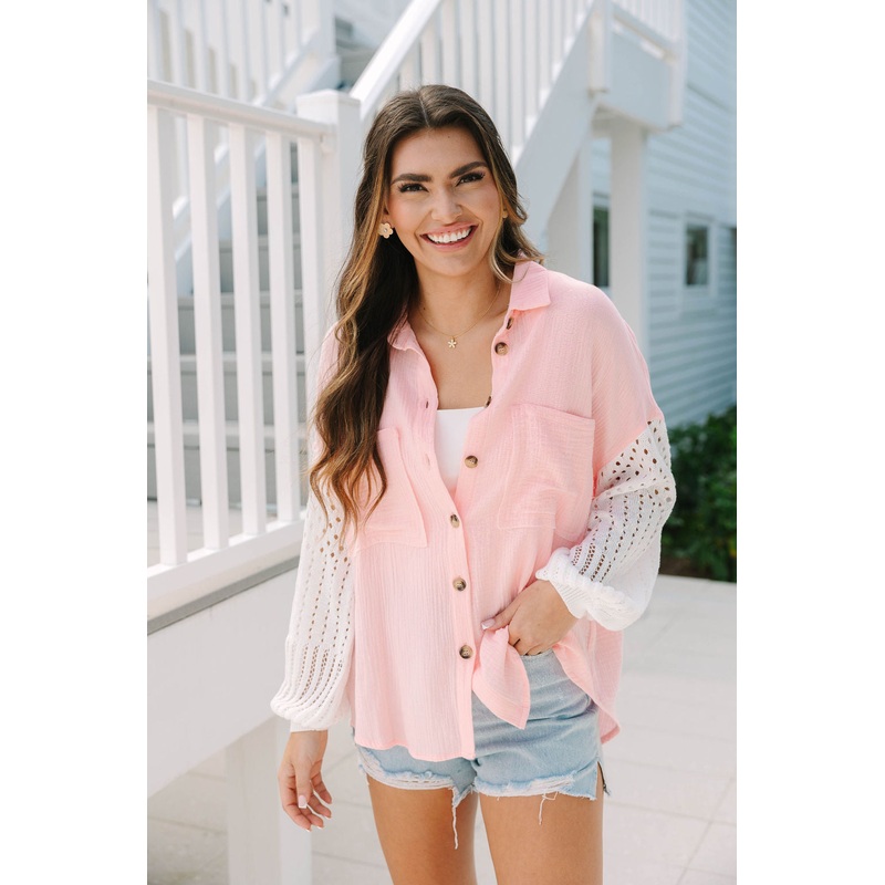 Keep Shining Pink and Cream Color Block Crochet Sleeve Gauze Shacket