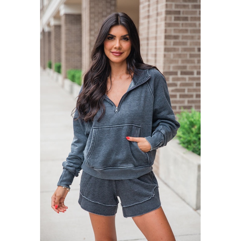 Learn As You Go Black Acid Washed Quarter Zip Pullover FINAL SALE