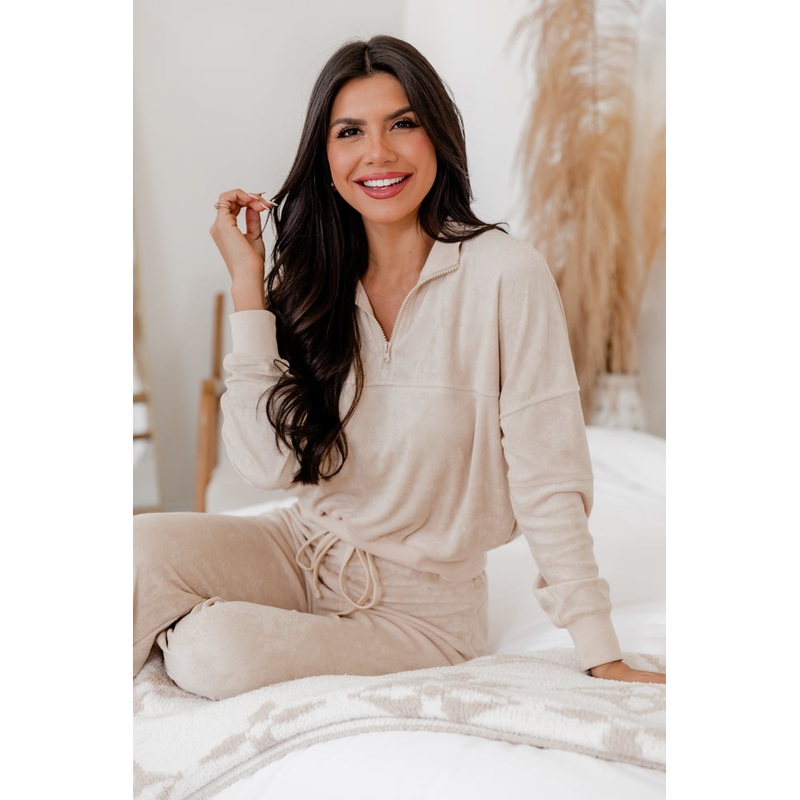 On Another Note Beige Terrycloth Quarter Zip Pullover FINAL SALE