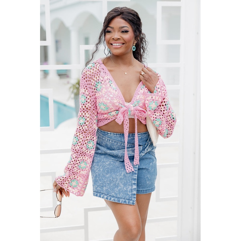 Good To Be Back Pink Crochet Tie Front Top FINAL SALE