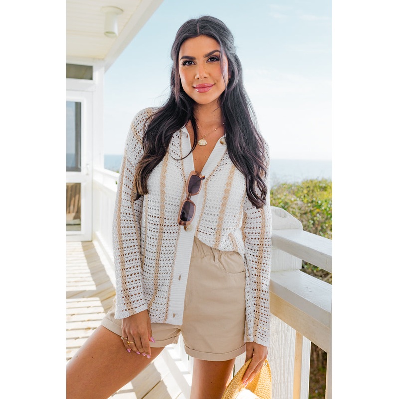Harbor Haven Ivory and Beige Striped Collared Crochet Shacket