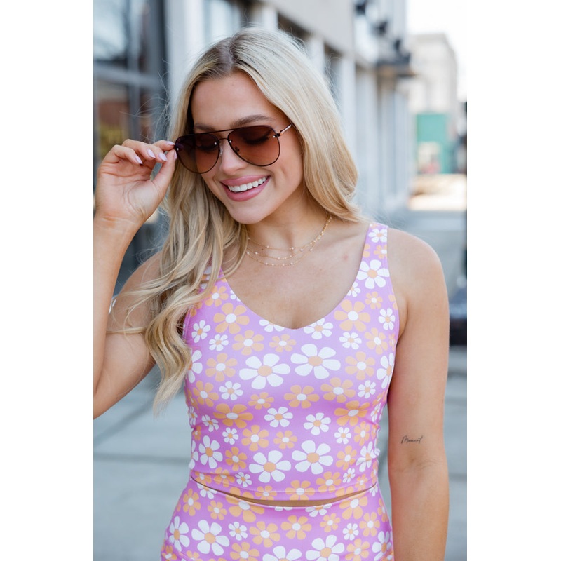 Miles Ahead In Playful Petals Checkered Crop V-Neck Tank Bra Top