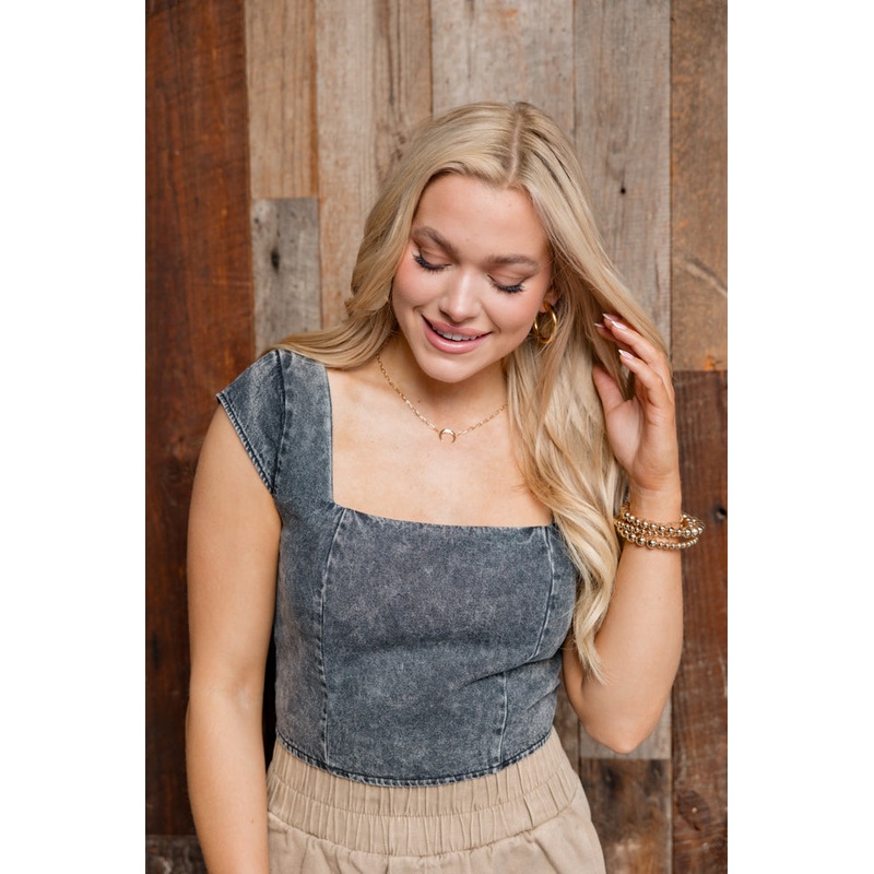 Nice To Meet You Black Acid Washed Denim Crop Tank FINAL SALE