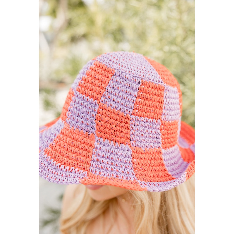 Orange And Pink Checkered Crochet Bucket Hat