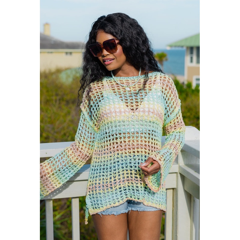 Reality Called Yellow and Mint Multi Stripe Open Knit Sweater