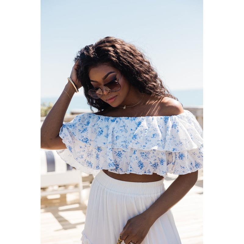 Swaying In A Breeze Blue And Ivory Floral Printed Linen Blouse