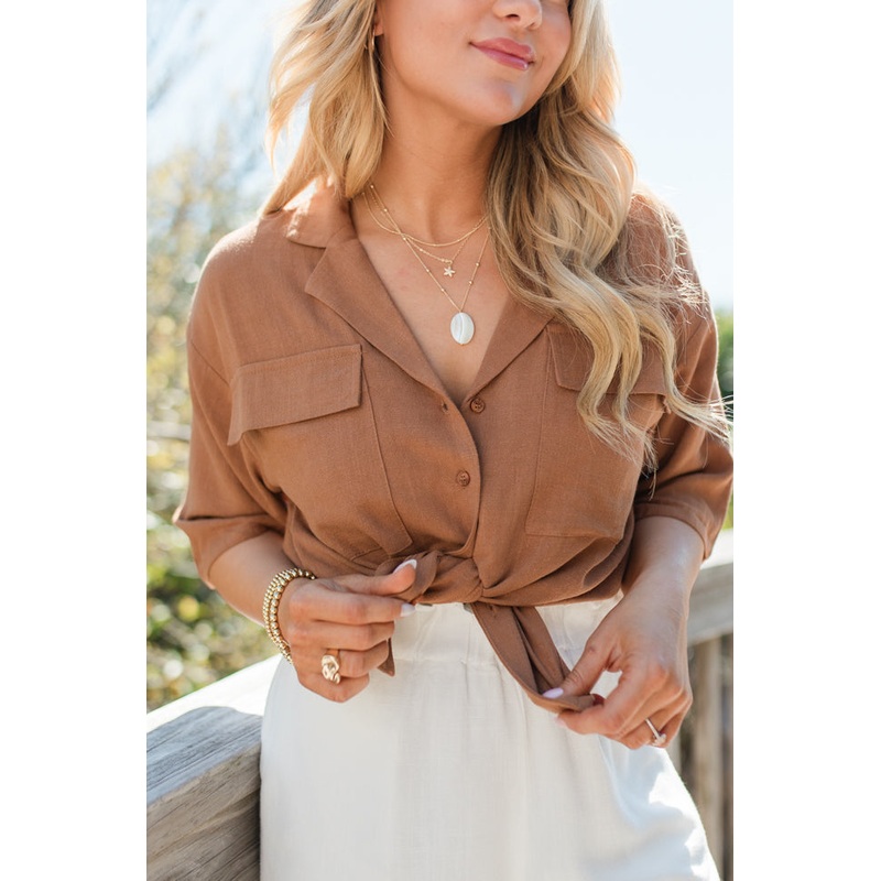 Taking A Risk Brown Pocketed Button Front Top