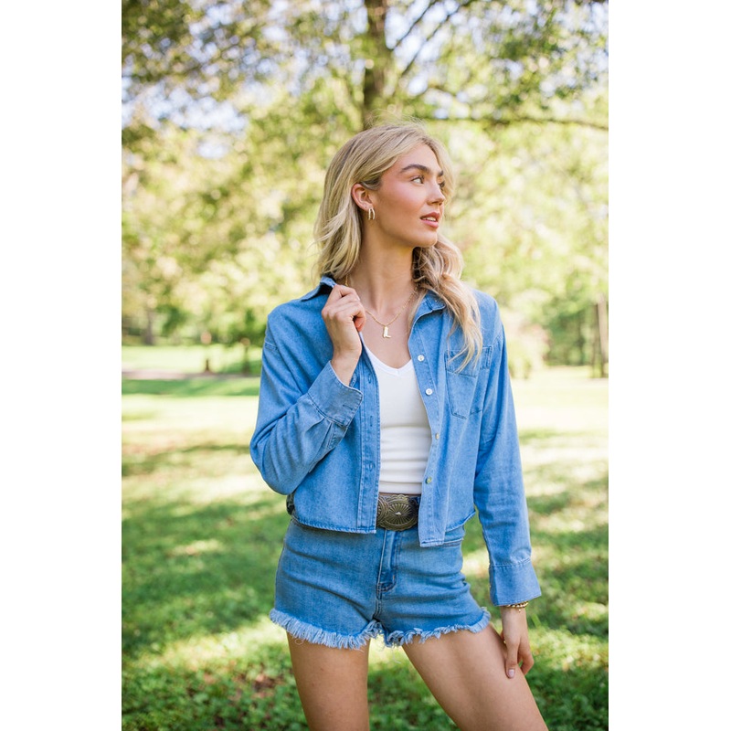 A Girl Like Me Medium Wash Cropped Chambray Blouse FINAL SALE