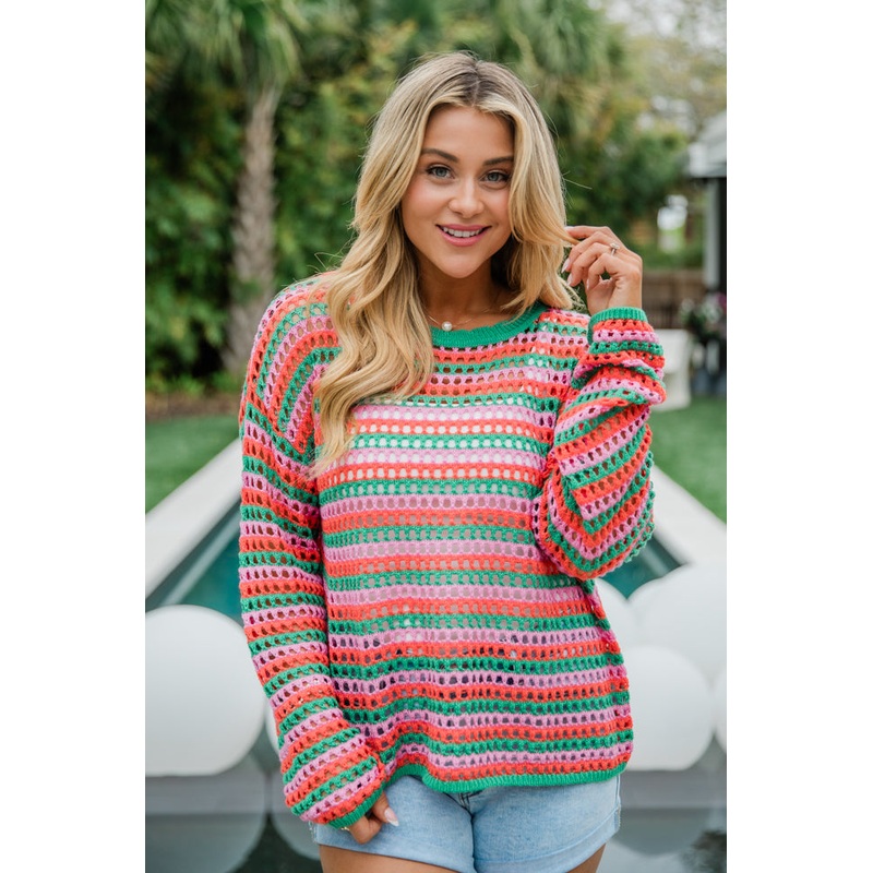 Chasing Rainbows Pink And Green Crochet Sweater FINAL SALE