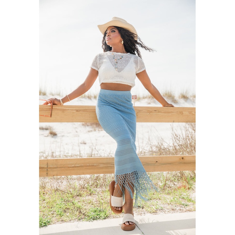 Clover Fields Blue Fringe Hem Knit Maxi Skirt FINAL SALE
