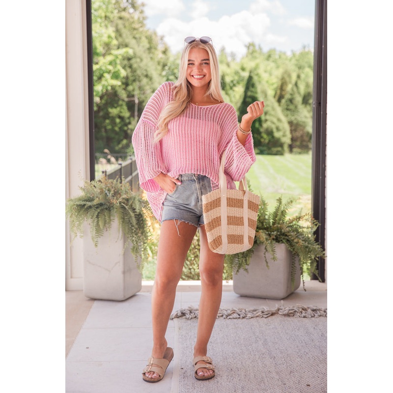 Don’t Keep Me Waiting Pink Washed Open Knit Sweater