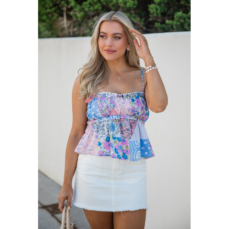 Feeling It Blue And Pink Ruffle Trim Patchwork Tank