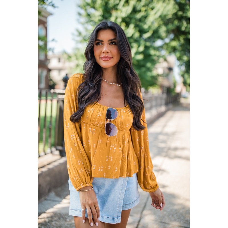 Follow You Anywhere Mustard Floral Babydoll Blouse FINAL SALE