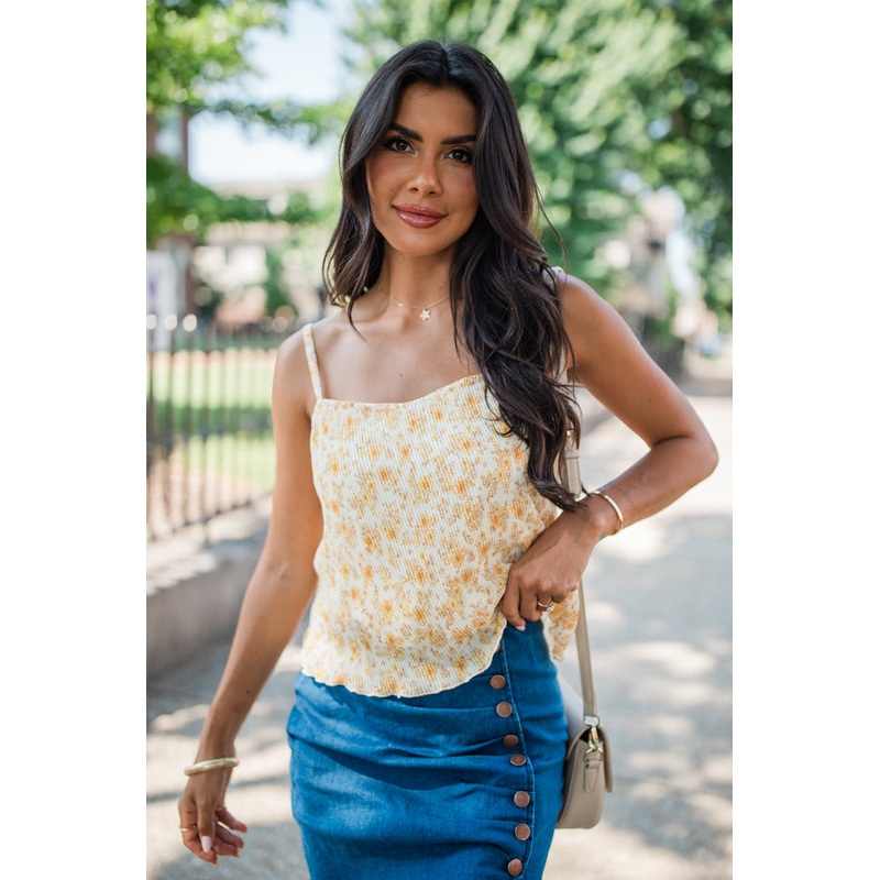 Go With Me Ivory And Mustard Plisse Floral Tank FINAL SALE