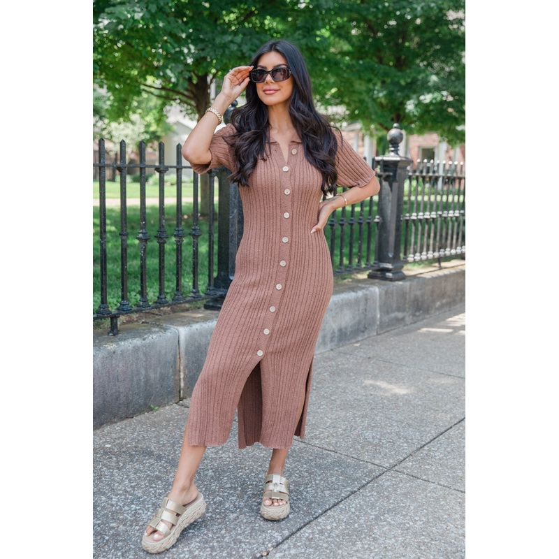 Have Some Faith Brown Knit Button Front Sweater Dress FINAL SALE