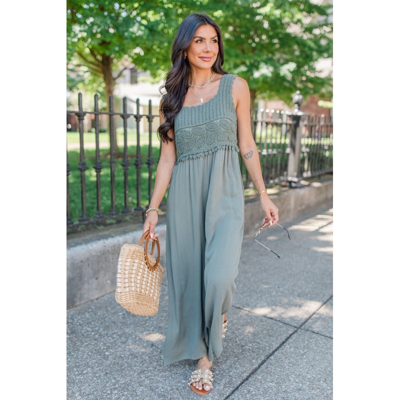 Keep The Peace Olive Crochet Top Jumpsuit FINAL SALE