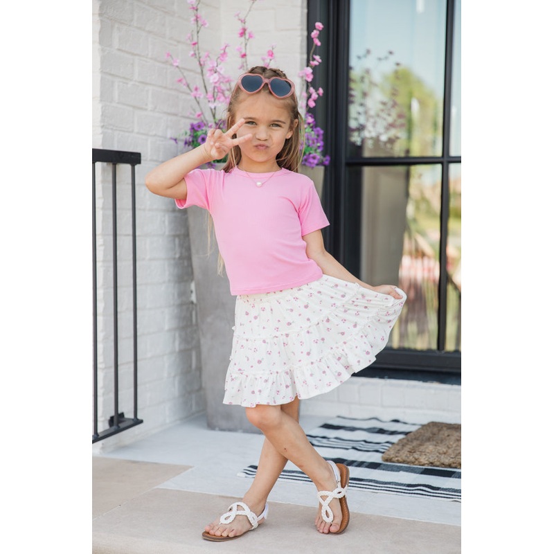 Kid’s Through The Garden Ivory and Pink Ribbed Floral Mini Skort FINAL SALE