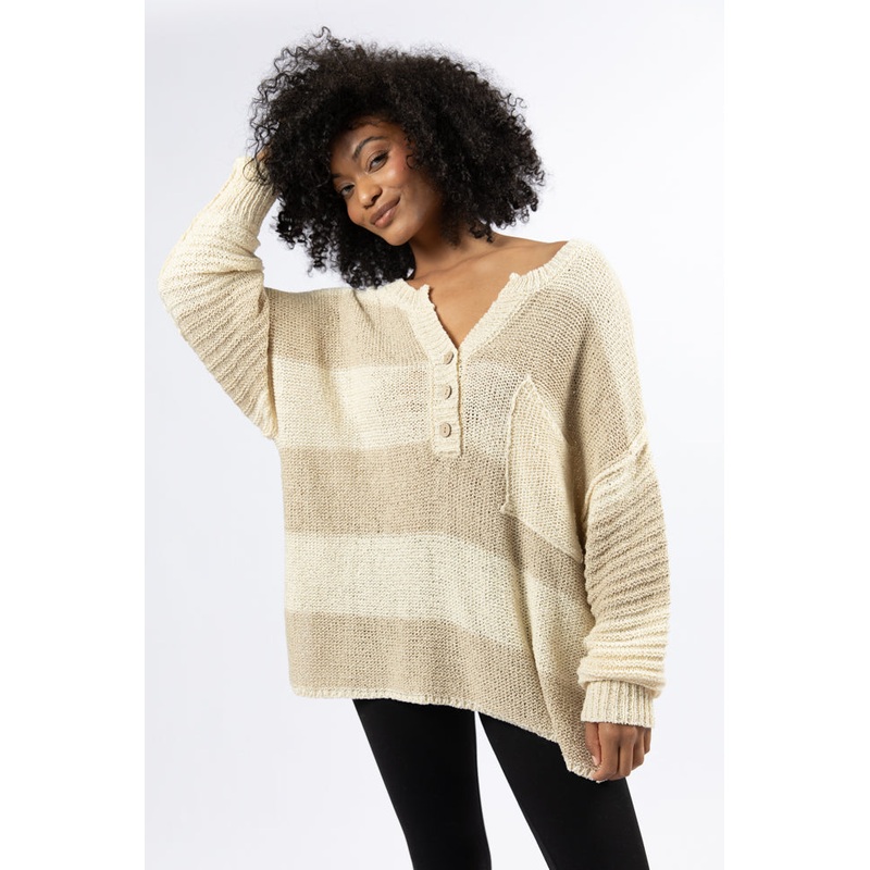 Know You Best Beige Oversized Striped Henley Sweater