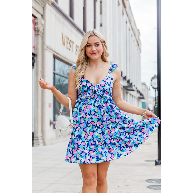 Looking My Way Navy Ruffle Detail Printed Mini Dress