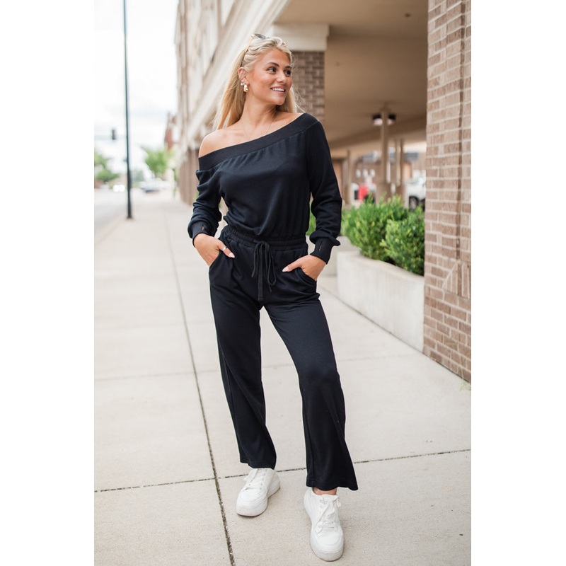 Memory Lane Black Off The Shoulder Knit Jumpsuit FINAL SALE