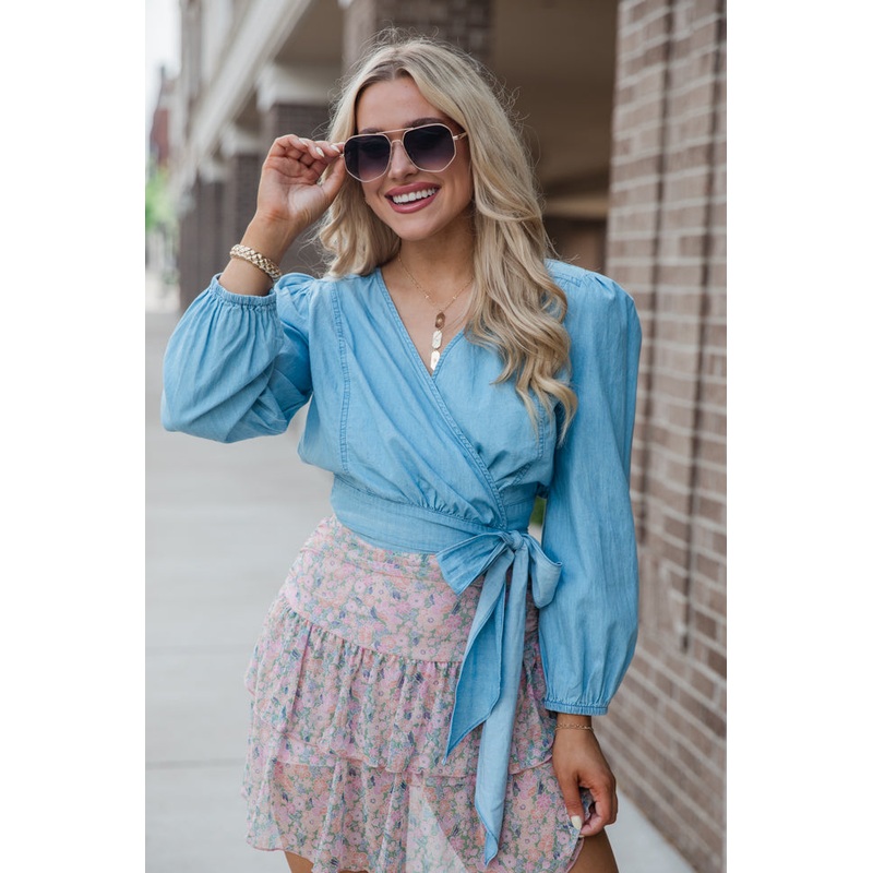 Per Diem Light Wash Chambray Wrap Blouse