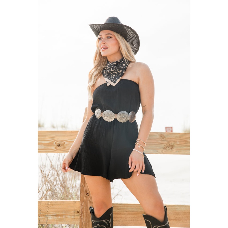 Settle Me Down Black Strapless Solid Romper