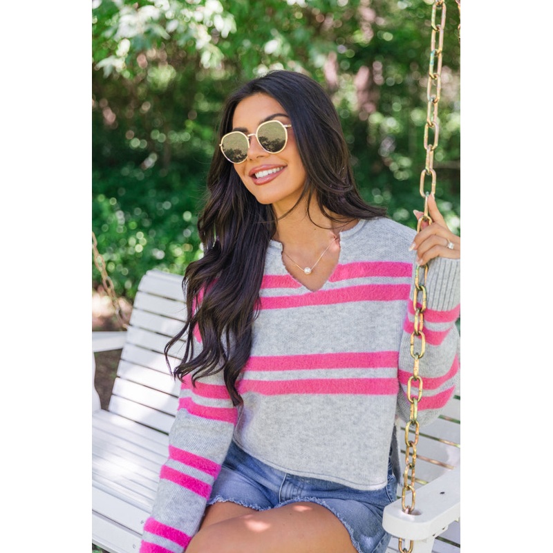 Sweet Affection Grey And Fuchsia Striped Notched Neck Sweater FINAL SALE