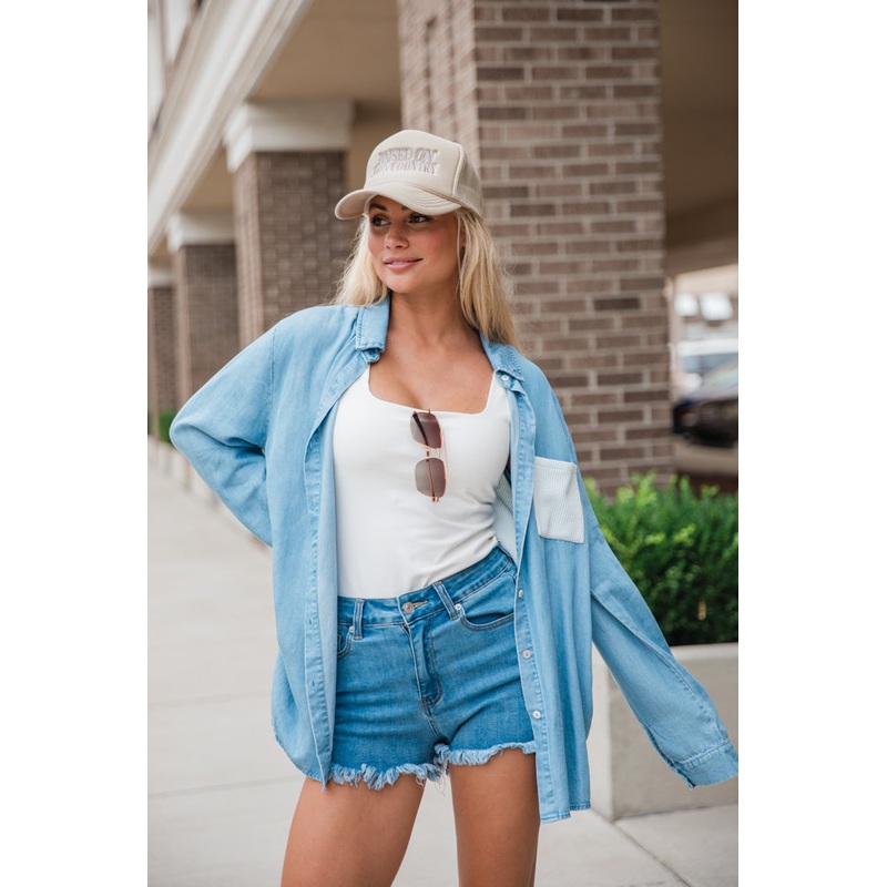 Talk It Over Waffle Detail Chambray Button Front Blouse