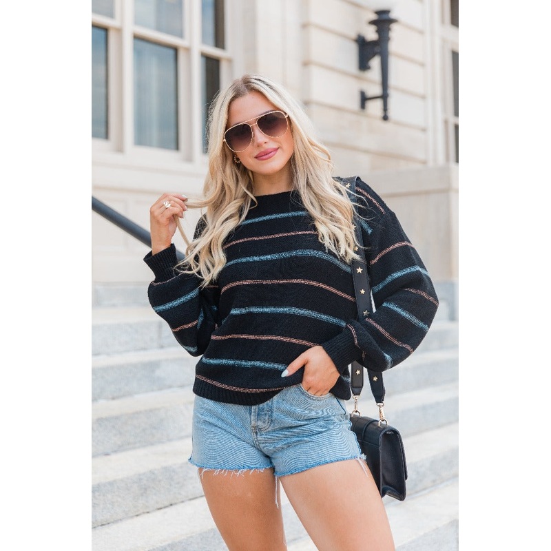 Thinking About You Black Striped Crew Neck Sweater FINAL SALE