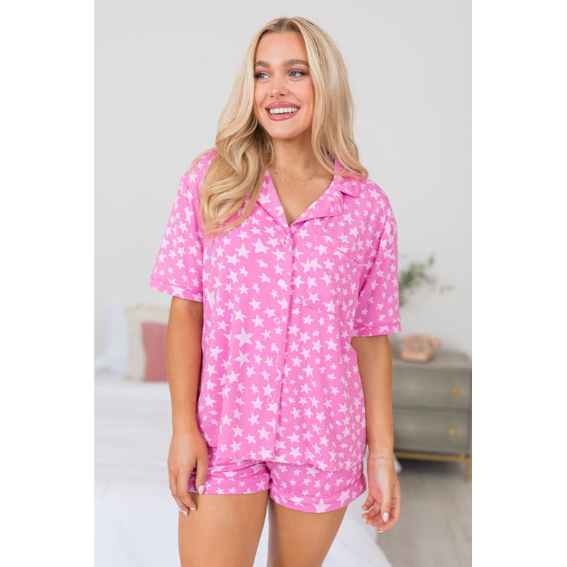 Under The Stars Pink Tonal Stars Short Sleeve Bamboo Pajama Top FINAL SALE