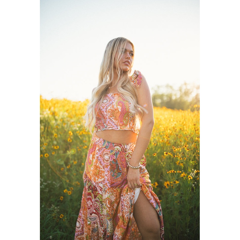 When Stars Align Multi Patch Tie Shoulder Smocked Bust Tank FINAL SALE