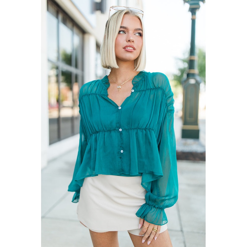 Breathe Deeper Jade Sheer Ruched Blouse FINAL SALE