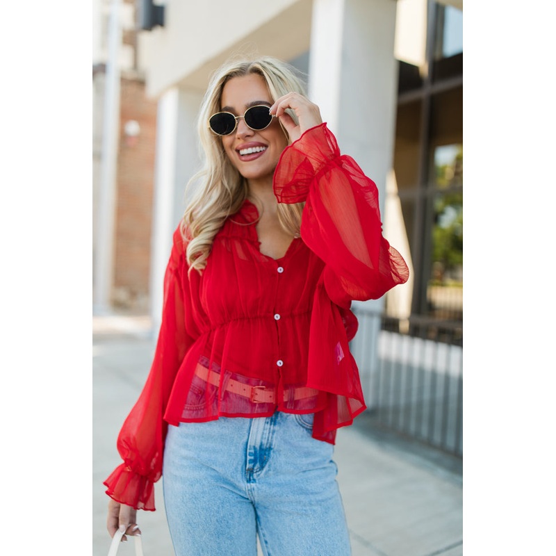 Breathe Deeper Red Sheer Ruched Blouse FINAL SALE