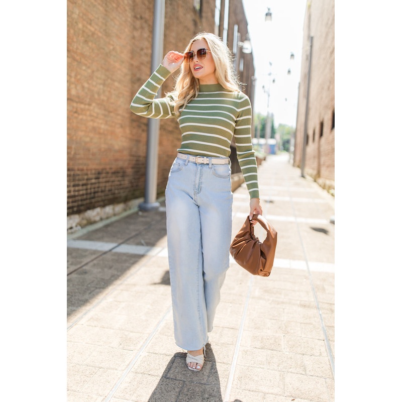 Cabin Bound Olive Striped Fitted Mock Neck Sweater FINAL SALE