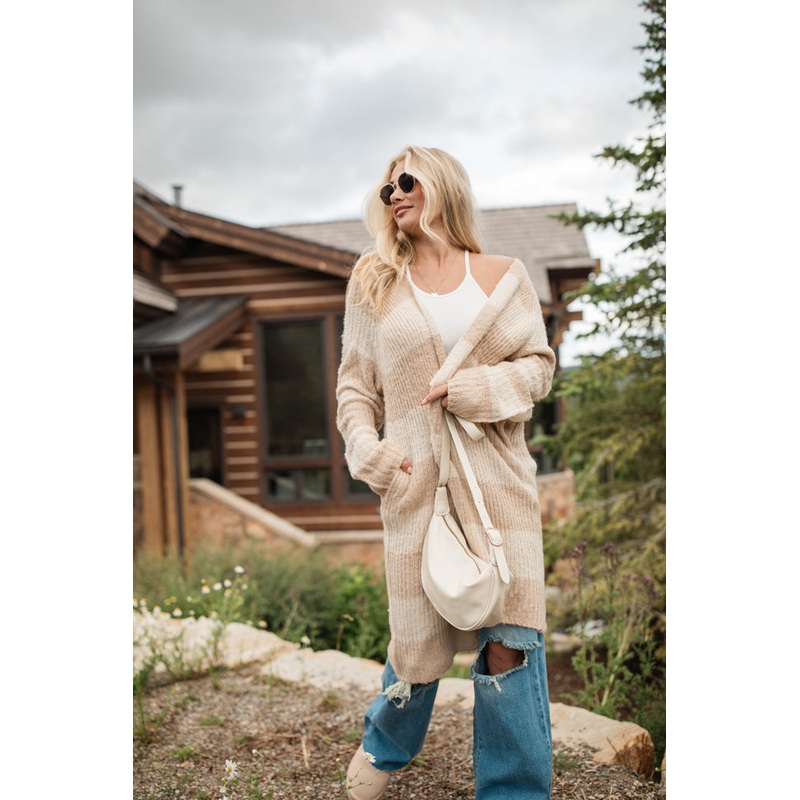 Come And Go Cream and Tan Striped Long Cardigan FINAL SALE
