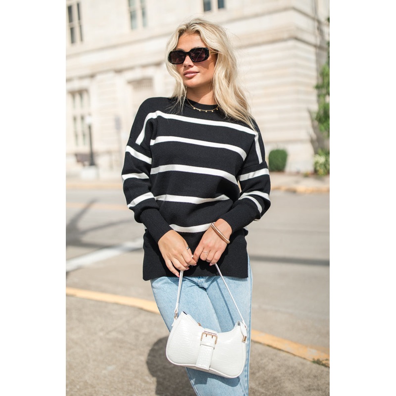 Crushing On You Black And Ivory Striped Crew Neck Sweater FINAL SALE