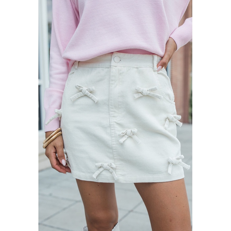 Easy Enough Cream Bow Embroidered Corduroy Skirt FINAL SALE