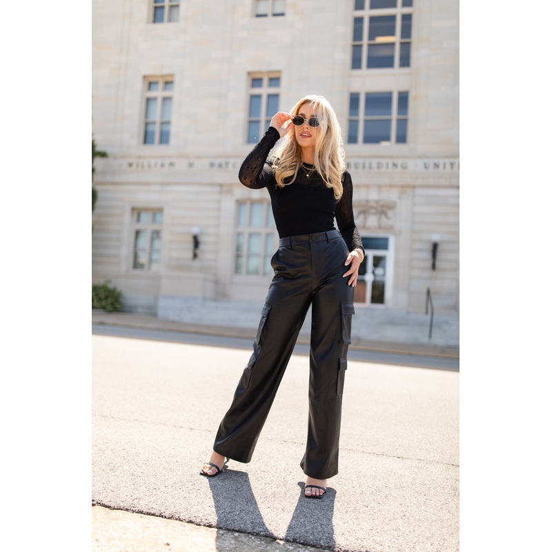 Follow My Lead Black Faux Leather Cargo Pants FINAL SALE