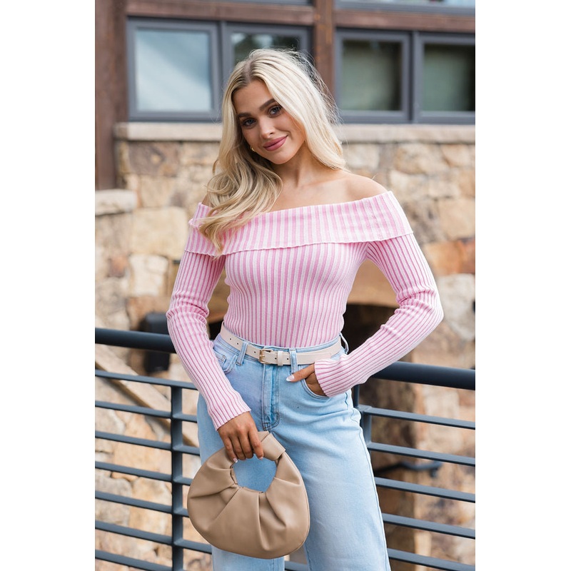 For What It Takes Pale Pink Ribbed Off The Shoulder Sweater FINAL SALE