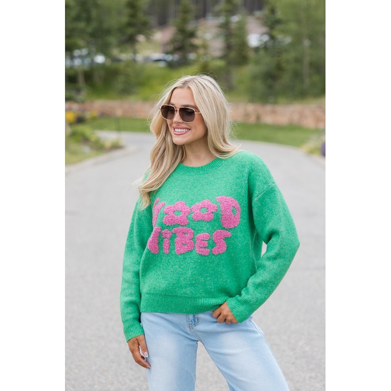 Give Off Good Vibes Green and Pink Sweater FINAL SALE