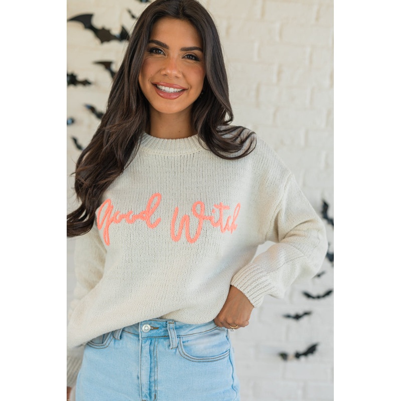 Happy To Be The Good Witch Stone and Coral Sweater FINAL SALE