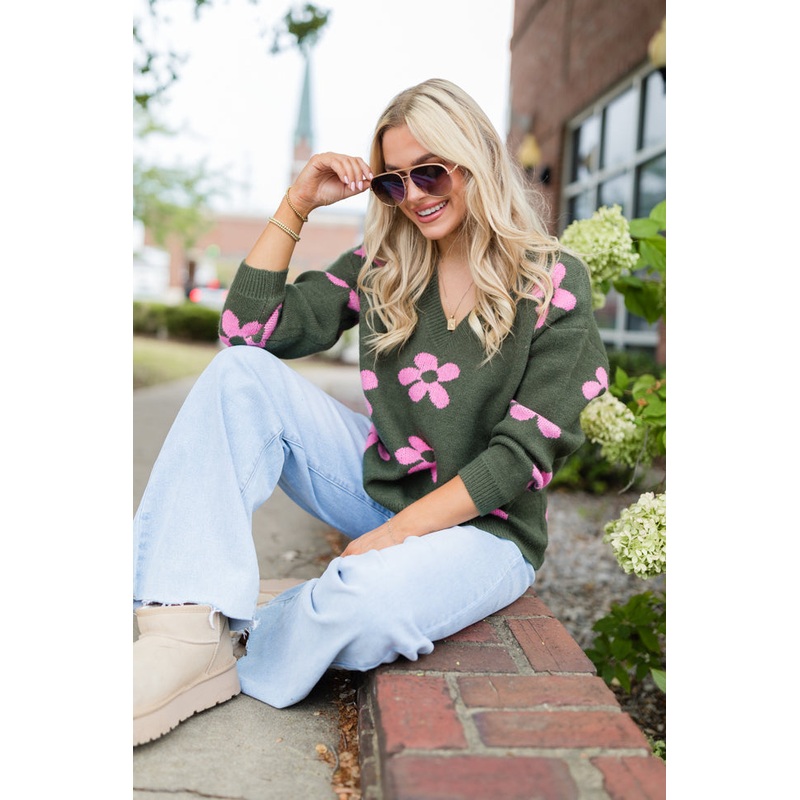Keep You Around Olive and Pink Floral V-neck Sweater FINAL SALE