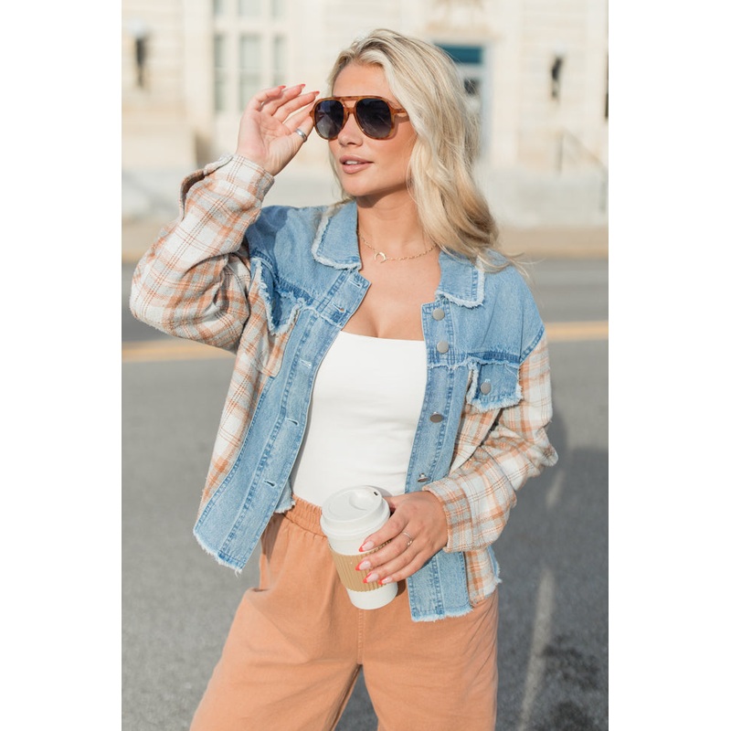 Leads To You Brown Plaid and Denim Jacket FINAL SALE