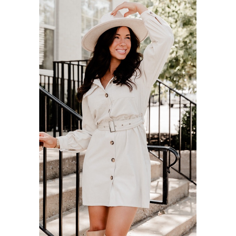 No Expectations Cream Corded Long Sleeve Belted Mini Dress FINAL SALE