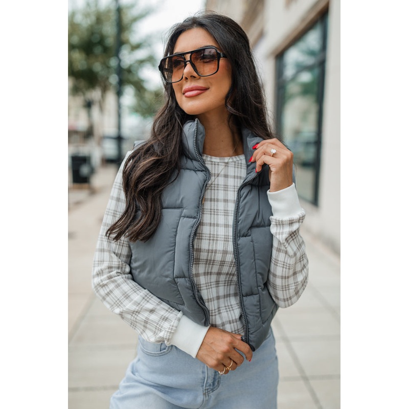 Sights To See Slate Cropped Puffer Vest FINAL SALE