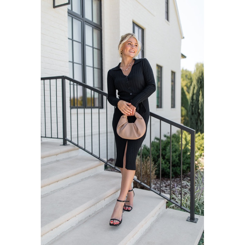 Simple Style Black Button Detail Ribbed Midi Dress FINAL SALE