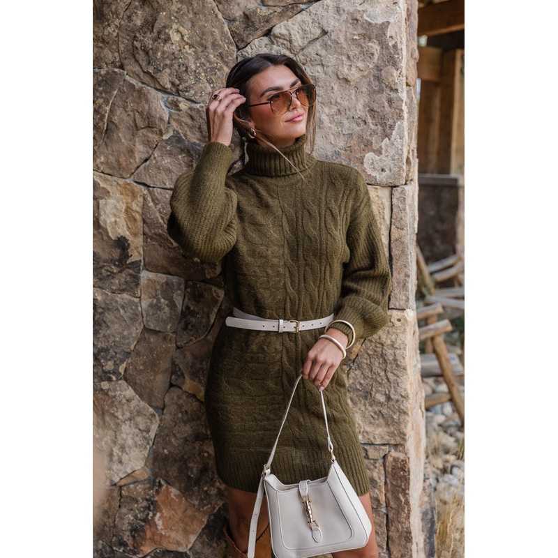 Sweetest Harmony Olive Textured Turtleneck Dress FINAL SALE