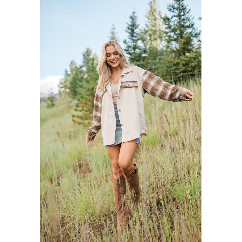Talking My Language Beige and Brown Plaid Sleeve Shacket FINAL SALE